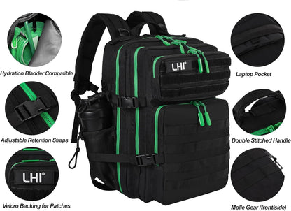 LHI Military Tactical Backpack for Men and Women 45L Army 3 Days Assault Pack Bag Large Rucksack with Molle System - Black with green zipper