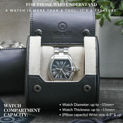 Gray/Ivory - 1 Watch Travel Case for Men - Single Watch Case Storage - Gift Idea Travel Accessory - Slate Gray/Ivory - Mirage Watch Roll Cases Vegan Leather