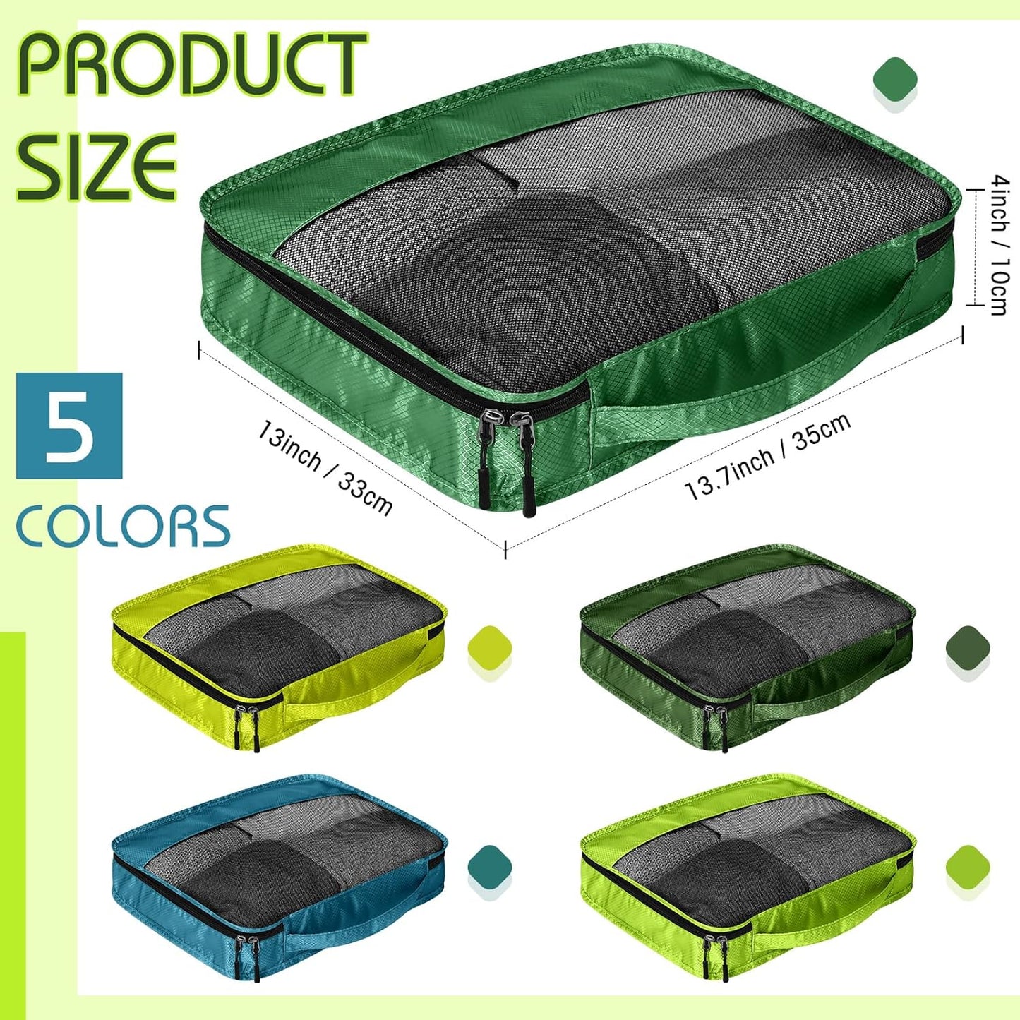 5 Pcs Packing Cubes for Suitcase Large Travel Cubes Carry on Luggage Organizer Bags for Clothes Accessories(M,Green)