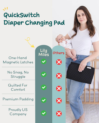 Lily Miles Baby Changing Pad Portable, Diaper Changing Mat with Magnetic Latches, Waterproof Travel Pad for Diaper Bag, Newborn Essentials, Gift for Baby Shower and Registry (Black Twill, Large)