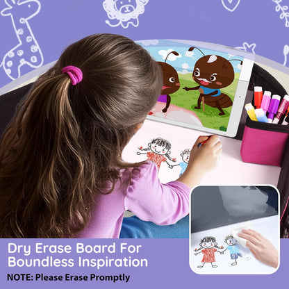 2Pcs ‎Kids Travel Tray, Kids Travel Trays for Car Seat, Road Trip Essentials for Toddler, Carseat Lap Tray with Dry Erase Board & Storage Organizer for Road Trip Activities for Kid, Pink