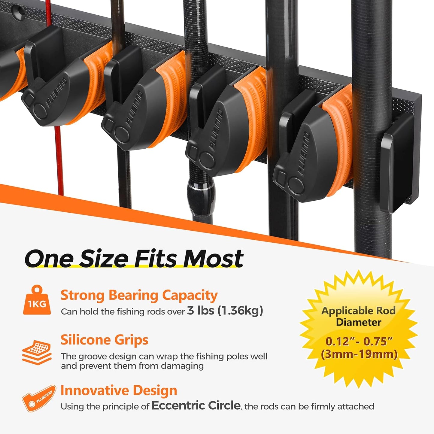 PLUSINNO V9 Vertical Fishing Rod Holders, 2 Packs Wall Mounted Fishing Pole Holders, Fishing Rod Racks Hold Up to 18 Rods or Combos, Fishing Pole Holders for Garage, Fits Most Rods of Diameter 3-19mm