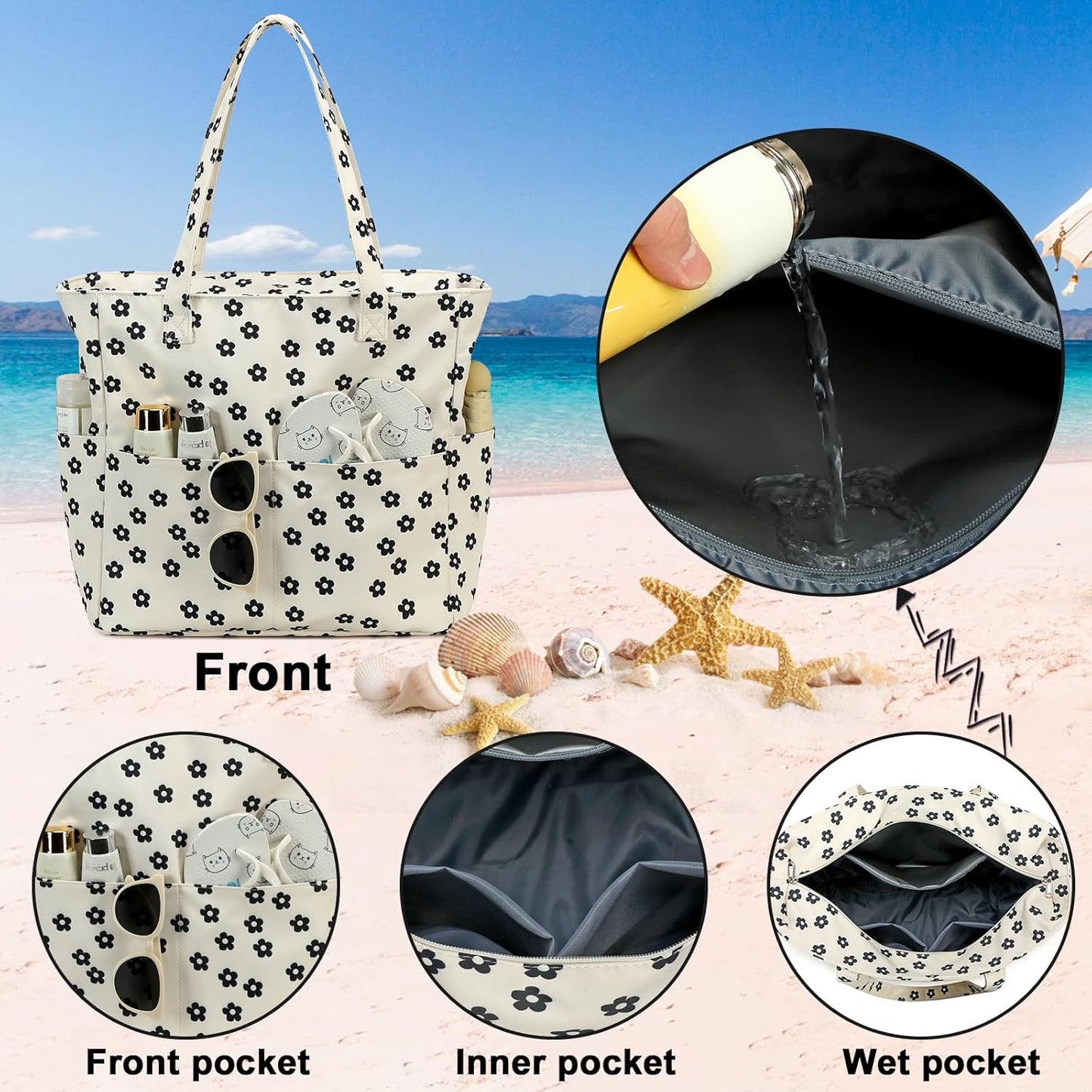 Waterproof Beach Tote Pool Bags for Women Ladies Extra Large Gym Tote Carry On Bag With Wet Compartment for Weekender Travel