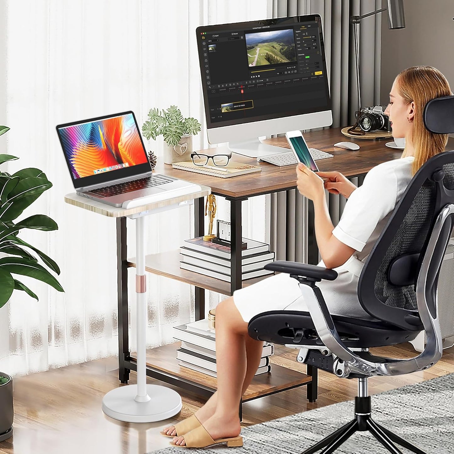 NAMON 2 in 1 Portable Laptop Floor Stand & Laptop Stand for Desk, Small Adjustable Table with Height Adjustable from 16.5" to 51", Wooden Laptop Stand White for Home, Office, Meeting Room, Study