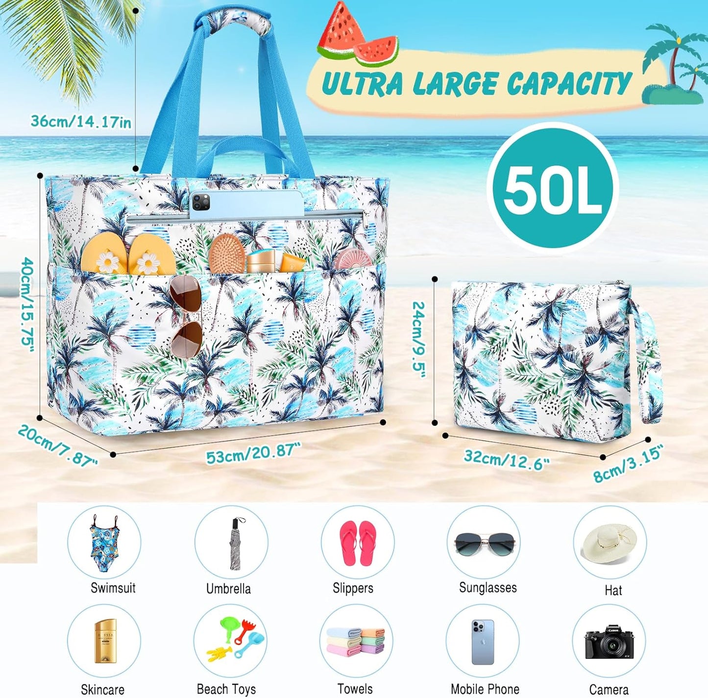 Extra Large Beach Bags for Women, Waterproof Sandproof Beach Tote Bag Zipper Foldable Swim Pool Bag with Wet Pocket