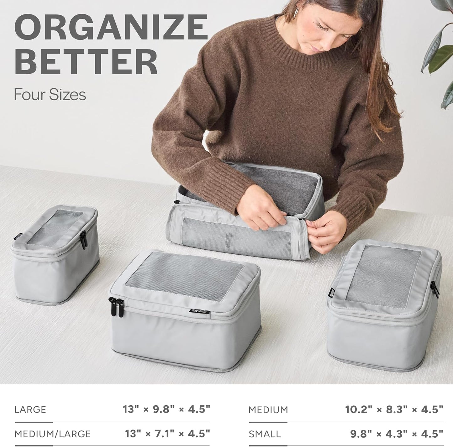 Compression Packing Cubes for Travel - Luggage Organizer Bags - Double Zipper Packing Cubes for Suitcases (4-Pack, Light Grey)