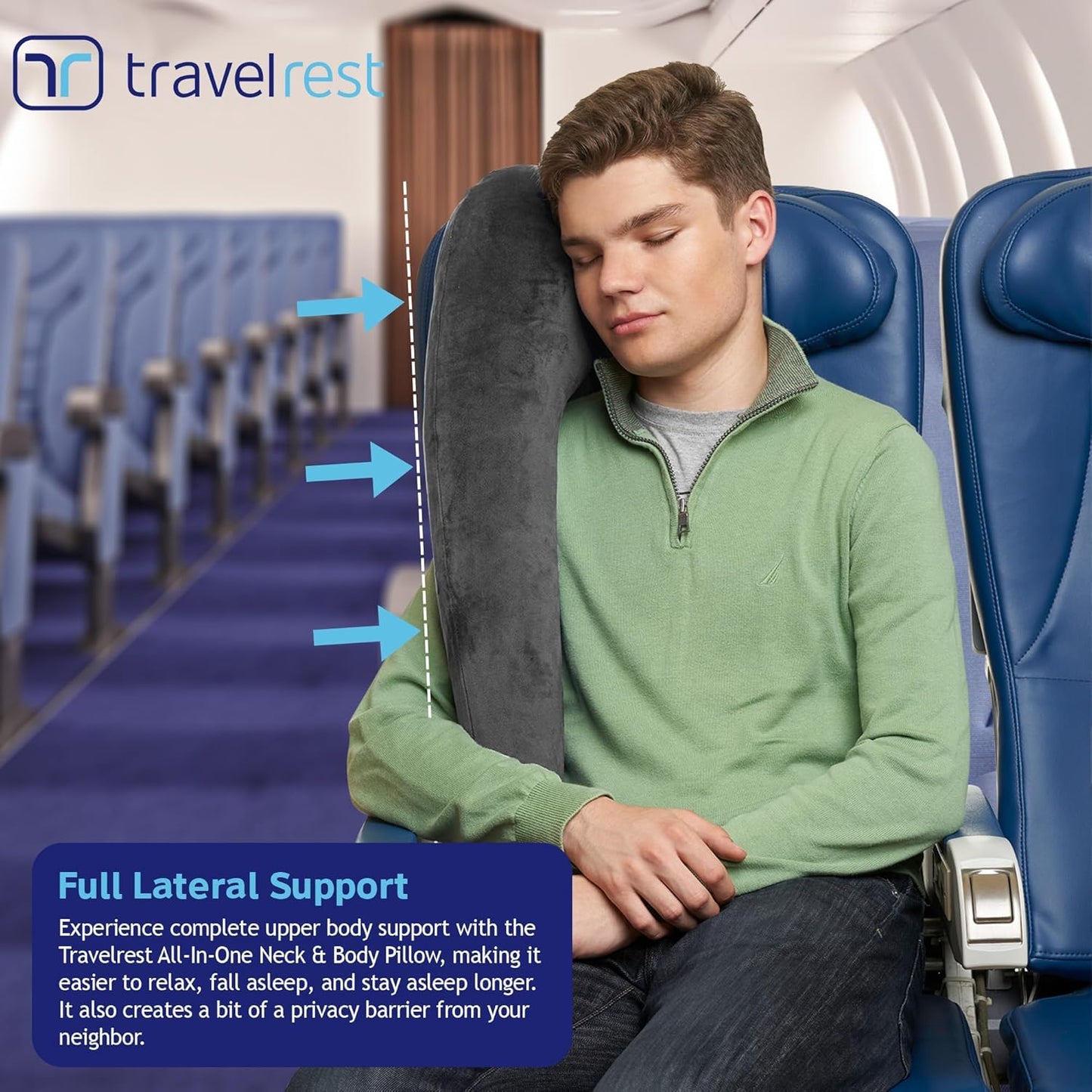TRAVELREST All-in-One Neck & Body Pillow, Advanced Support Design, Travel Essential, Memory Foam Inserts, Inflatable, Airplane & Car Seat, Sleeping on Long Flight & Trips, Grey (Washable Velour Cover)