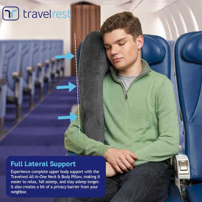 TRAVELREST All-in-One Neck & Body Pillow, Advanced Support Design, Travel Essential, Memory Foam Inserts, Inflatable, Airplane & Car Seat, Sleeping on Long Flight & Trips, Grey (Washable Velour Cover)
