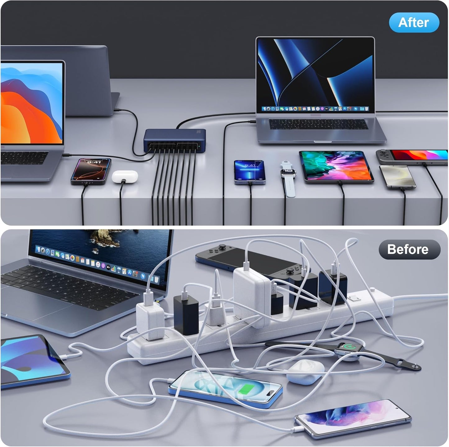 730W USB C Charger Block,10-Ports GaN V Fast Charging Station Hub,QC4.0+3 PD 100W Laptop Charger Wall Power Adapter for MacBook Pro/Air,DELL,iPhone 17/16/15/14,iPad,Galaxy S25,Pixel,Steam Desk-Navy