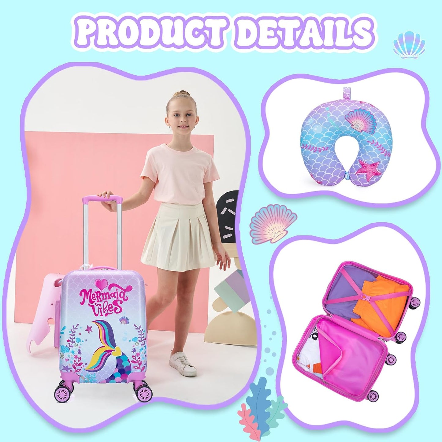 Cute Mermaid Kid’s Luggage Set 2 Piece Suitcase Set 16" Hardside Luggage with Spinner Wheels Girls Carry on Toddler Travel Rolling Luggage Airline Approved