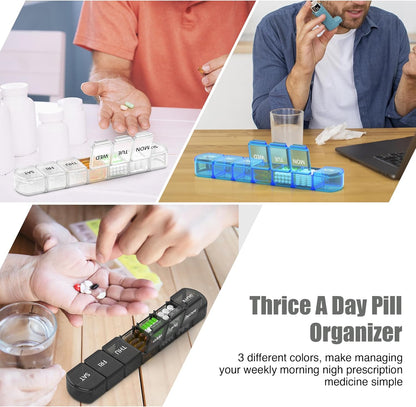 Extra Large Pill Organizer 3 Pack, XL Pill Box 7 Day, Weekly Pill Case with Large Capacity, Jumbo Organizer, BPA Free (Black+White+Blue)