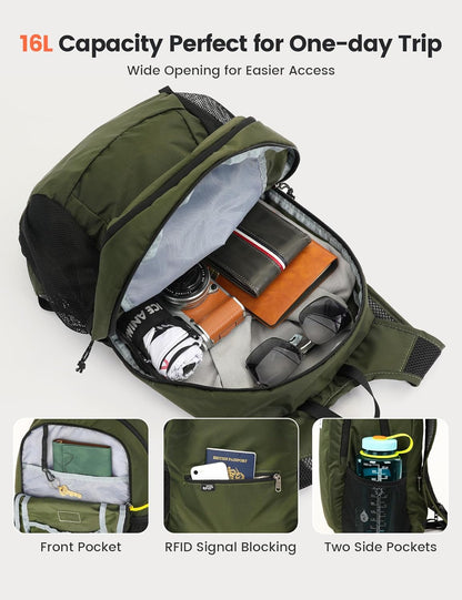 SKYSPER 16L Hiking Backpack Lightweight Small for Women Men, Foldable Packable Daypack - Travel Camping Backpack, Outdoor Hiking Bag (Armygreen)