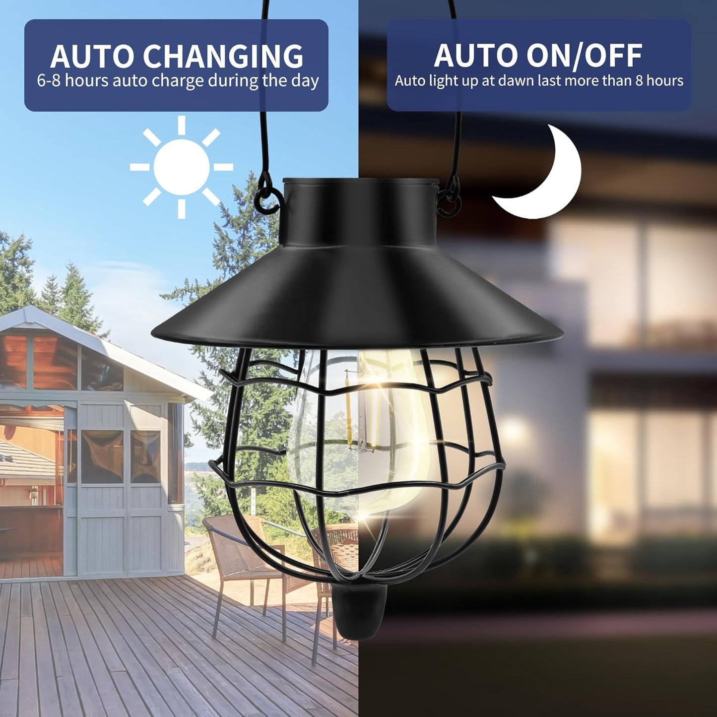 2 Pack Solar Lanterns Outdoor Waterproof Hanging Solar Lights with Vintage Metal Warm White Light Edison Bulb Design, Decorate for Garden Yard Porch and Christmas(Black)