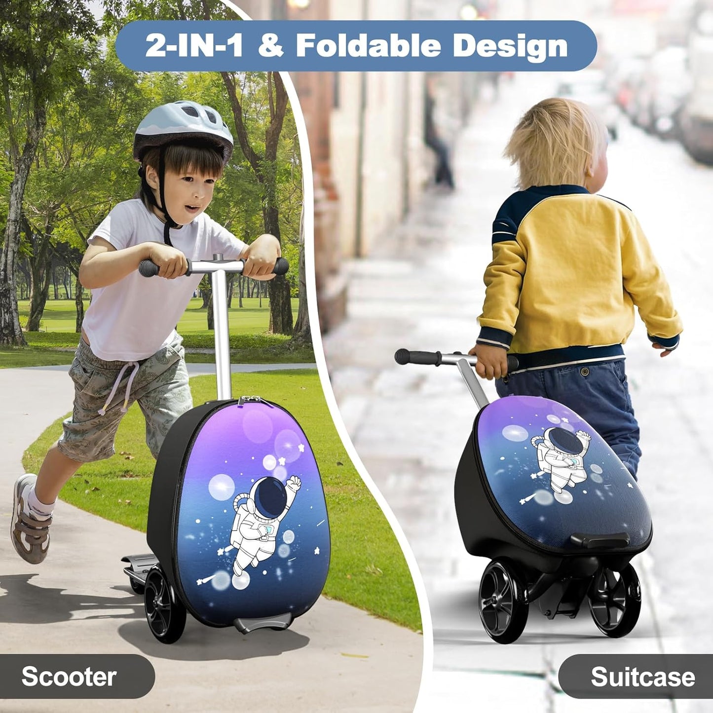2-in-1 Ride-On Scooter Suitcase, Scooter Luggage for Kids Ages 5-12, Foldable & Lightweight Carry with LED Light-Up Wheels