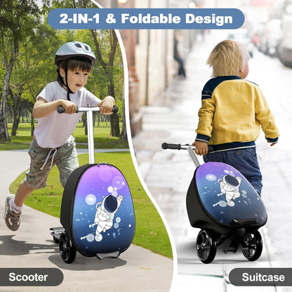 2-in-1 Ride-On Scooter Suitcase, Scooter Luggage for Kids Ages 5-12, Foldable & Lightweight Carry with LED Light-Up Wheels