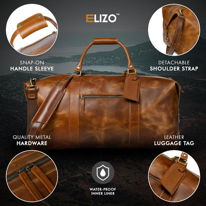 ELIZO Large Leather Duffle Bag For Men Women Big REAL FULL GRAIN Travel Overnight Weekender Carry On Luggage Sports Gym Bags (Tan 24 Inch) Heritage