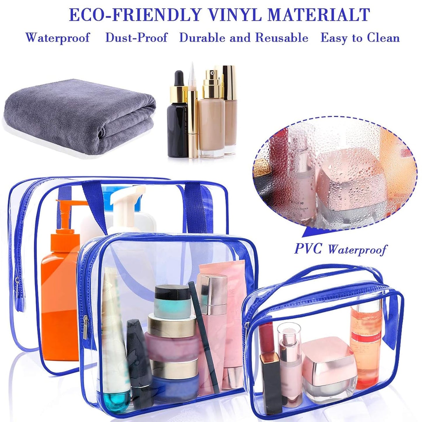 APREUTY Clear Makeup Bags, TSA Approved 6Pcs Cosmetic Makeup Bag Set Clear PVC with Zipper Handle Portable Travel Luggage Pouch Airport Airline Vacation (Blue)