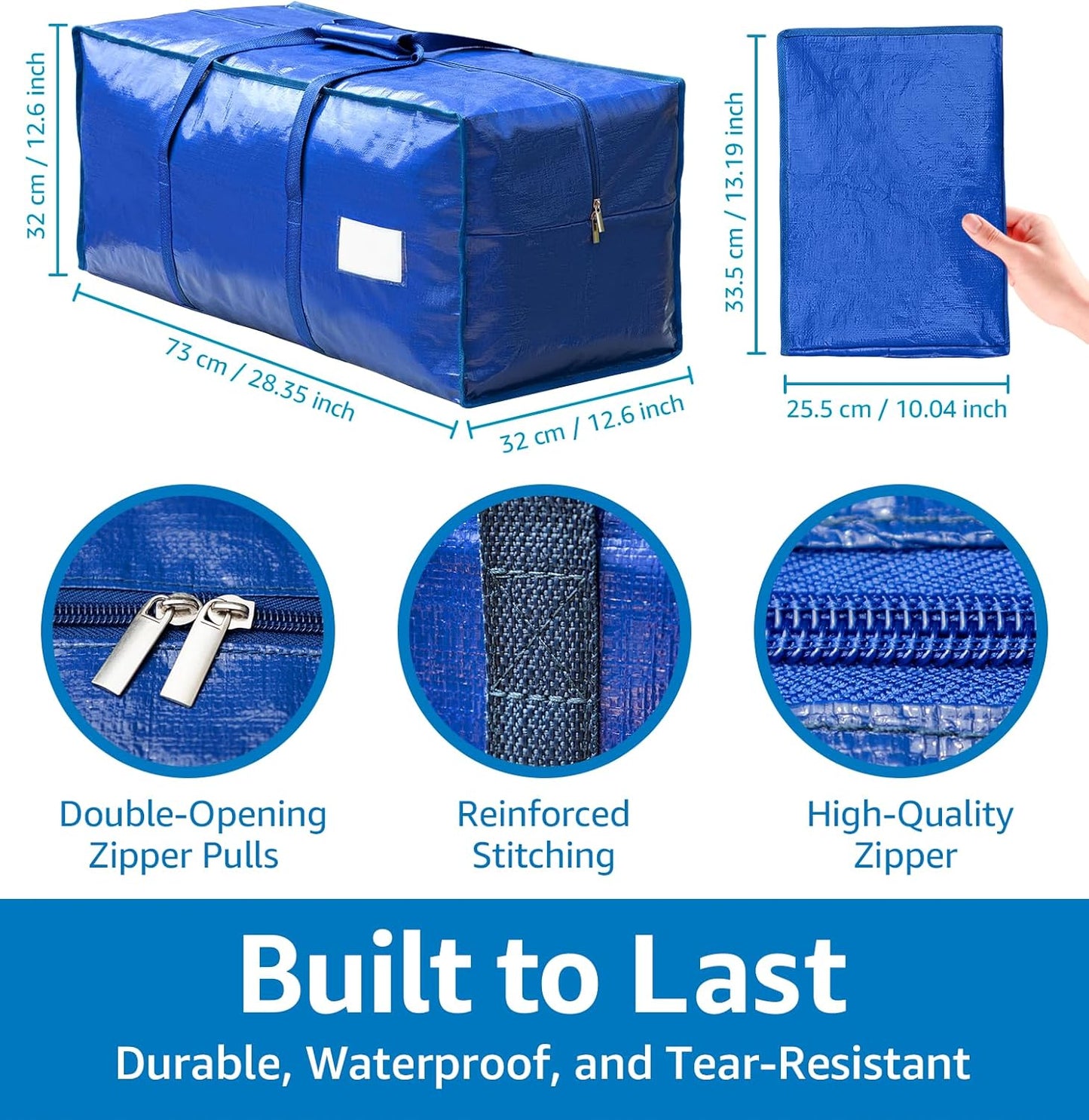 6 Pack Heavy Duty Moving Bags with Padded Wrap Around Handles-Strengthened Zipper Extra Large Storage Totes for Dorm College Clothes Blue