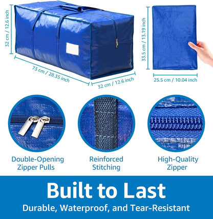 6 Pack Heavy Duty Moving Bags with Padded Wrap Around Handles-Strengthened Zipper Extra Large Storage Totes for Dorm College Clothes Blue