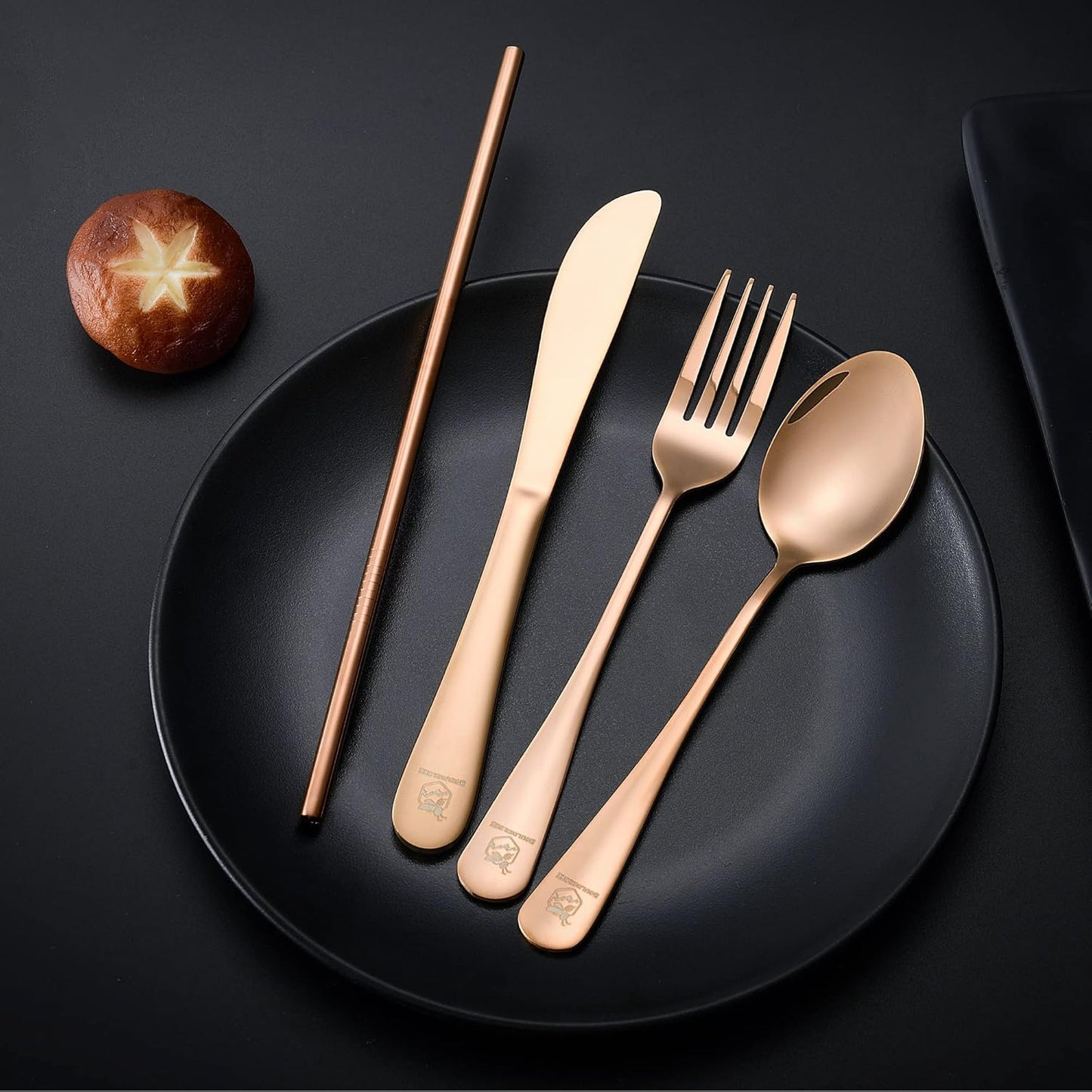 Boulder Bee Travel Utensils | Reusable Camping Cutlery | Stainless Steel Flatware | Portable Silverware Set with Case | Includes Knife/Fork/Spoon/Straw/Cleaning Cloth (Rose Gold)