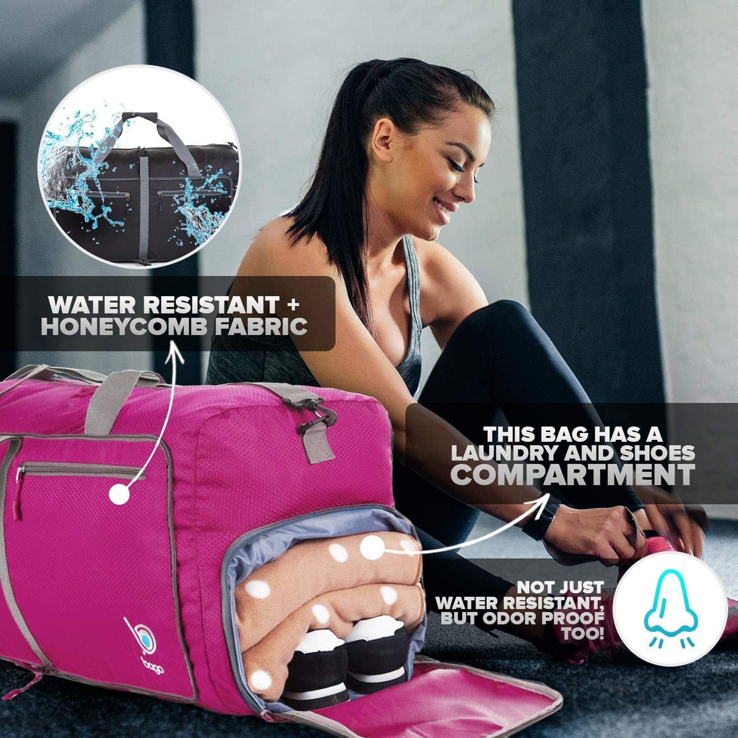 Bago Large Foldable Duffel Bags for Traveling Women & Men - 80L Packable Duffle Bag for Travel with Shoe Compartment - Water Repellant, Heavy Duty, Lightweight Folding & Collapsible (Pink)