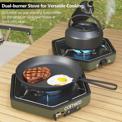 Propane 2-Burner Camping Stove with Carrying Bag and Gas Stove Pressure Regulator, Camping Essentials Folding Camp Stove with Flick-Style Ignition for Backpacking, Outdoor Cooking, Tailgating