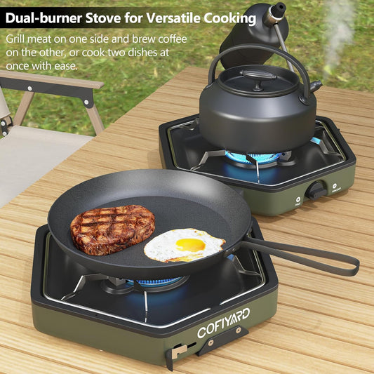 Propane 2-Burner Camping Stove with Carrying Bag and Gas Stove Pressure Regulator, Camping Essentials Folding Camp Stove with Flick-Style Ignition for Backpacking, Outdoor Cooking, Tailgating