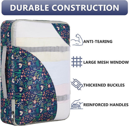 8 Set Packing Cubes for Travel,Gifts for Women Mom,Anti-Tearing Suitcase Organizer for Luggage with Shoe & Hanging Toiletry Bag,Vacation Essentials & Accessories for Cruise Ship,Dark Blue Floral