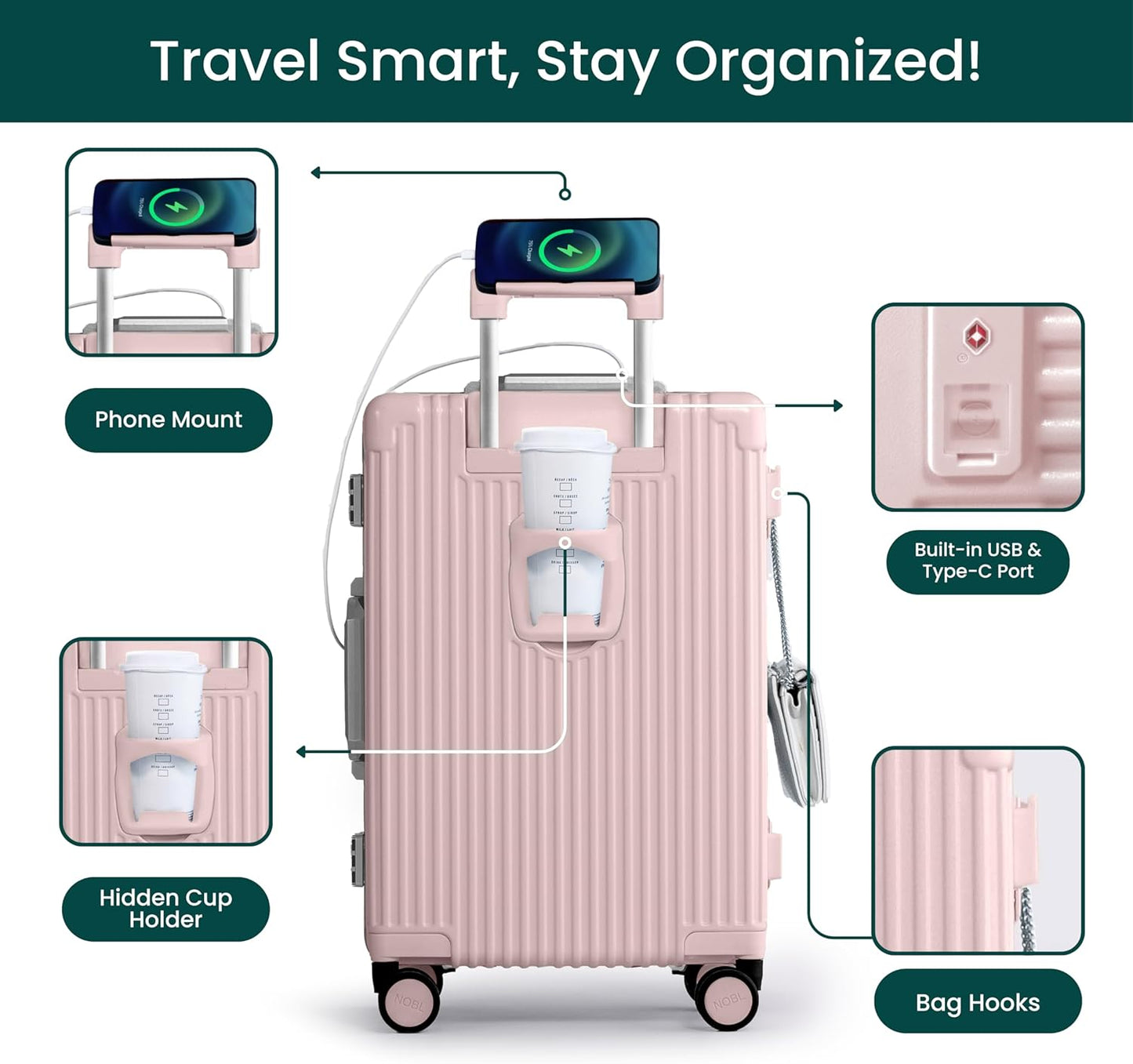 Nobl Travel Carry On Luggage, Noble Zipperless Aluminum Frame PC Hard Shell Suitcase, 20.8"x15"x8.7" Airline Approved, 360° Spinner Wheels, TSA Locks, USB Charging Port, Cup & Phone Holder - Pink
