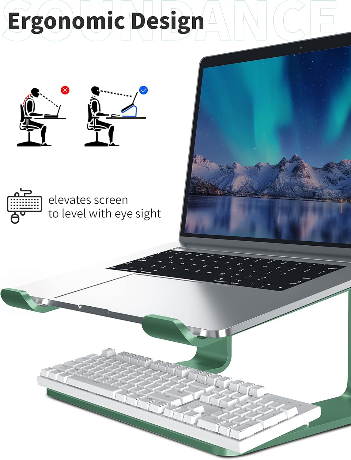 SOUNDANCE Laptop Stand, Aluminum Computer Riser, Ergonomic Laptops Elevator for Desk, Metal Holder Compatible with 10 to 15.6 Inches Notebook Computer, Green