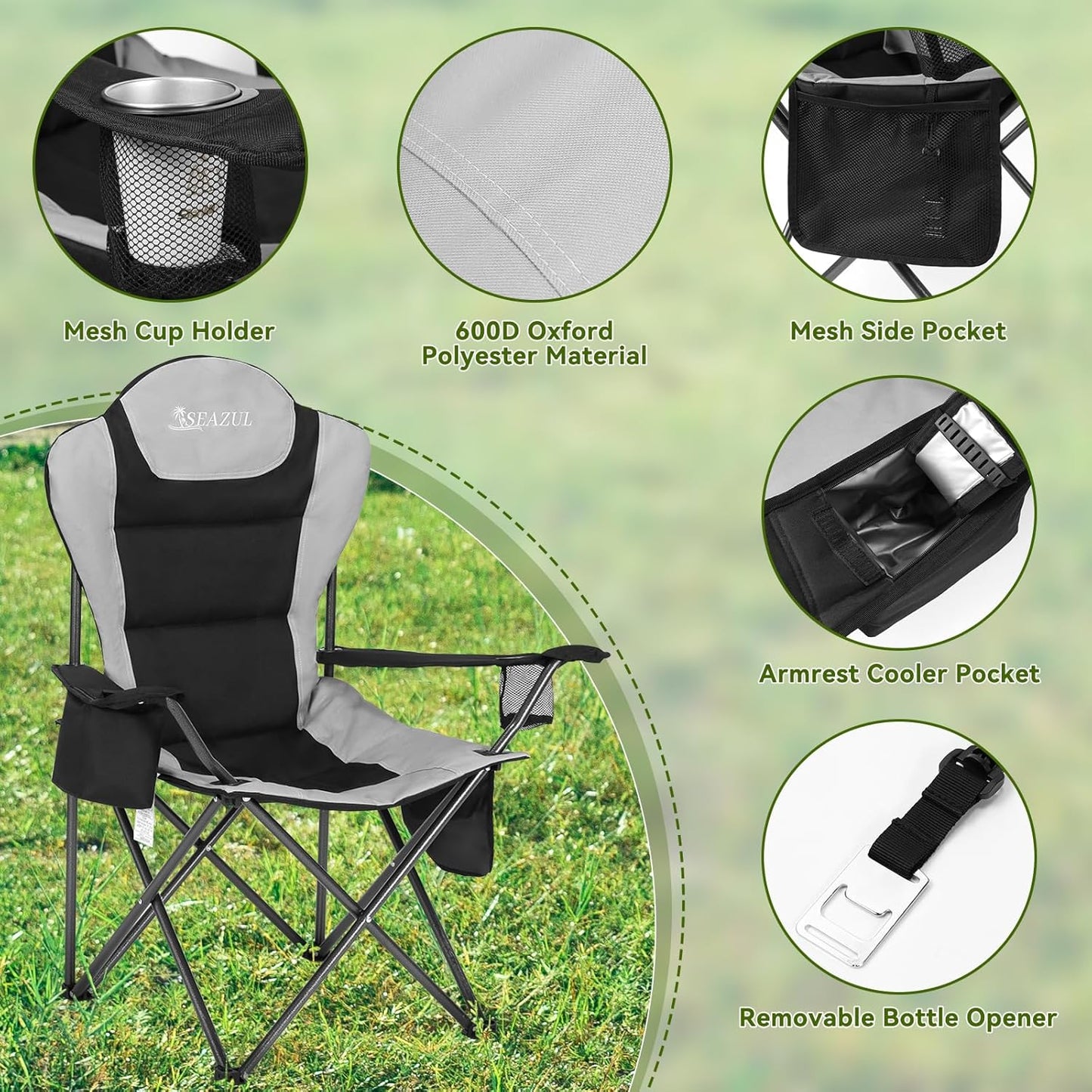 Camping Chairs for Adults, Camp Chair, Folding Chairs for Outside, Support 380 LBS, Portable Travel Lawn Outdoor Camping Chairs with Cup Holder & Cooler Bag, Sports Chairs for Baseball, Soccer