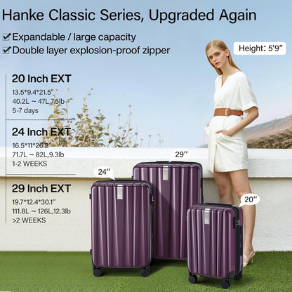 Hanke 20 Inch Expandable Carry on Luggage 22x14x9 Airline Approved Lightweight PC Hard Shell Suitcases with Wheels Tsa Luggage Rolling Suitcase Travel Luggage Bag for Weekender(Purple)