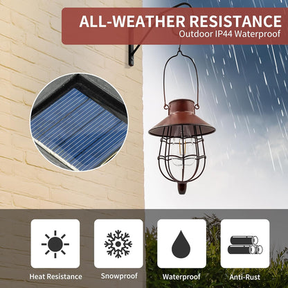2 Pack Solar Lanterns Outdoor Waterproof Hanging Solar Lights with Vintage Metal Warm White Light Edison Bulb Design, Decorate for Garden Yard Porch and Christmas (Red)