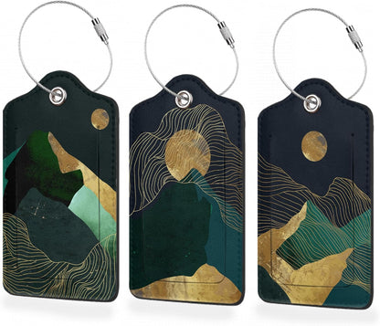 3 Pack Luggage Tag for Suitcase,Green Gold Abstract Mountains Moon Leather Luggage Tags with Privacy Cover Name ID Label Identifiers Travel Bag Tags for Women Men Boys Girls