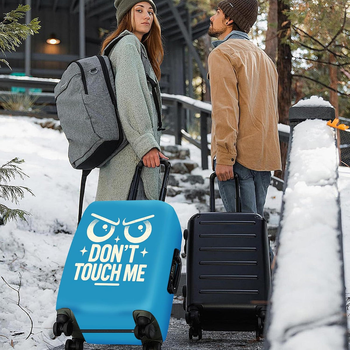 ANNA QUEEN Funny “Don’t Touch Me” Luggage Cover, Bold Blue Suitcase Protector with Angry Eyes Design, Stretchable, Washable Travel Cover for 28-30 Inch Luggage