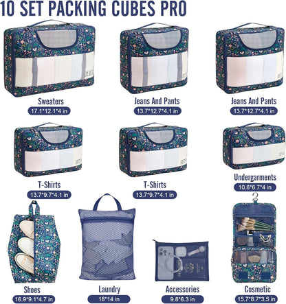 Veken 10 Set Packing Cubes for Travel Essential, Suitcase Organizer Bags in 4 Sizes, Carry-On Luggage Accessories with Large Laundry & Hanging Toiletry Bag, Must-Have for Airplane, Road Trip & Camping