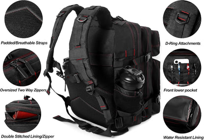 LHI Military Tactical Backpack for Men and Women 45L Army 3 Days Assault Pack Bag Large Rucksack with Molle System - Black With Red Line