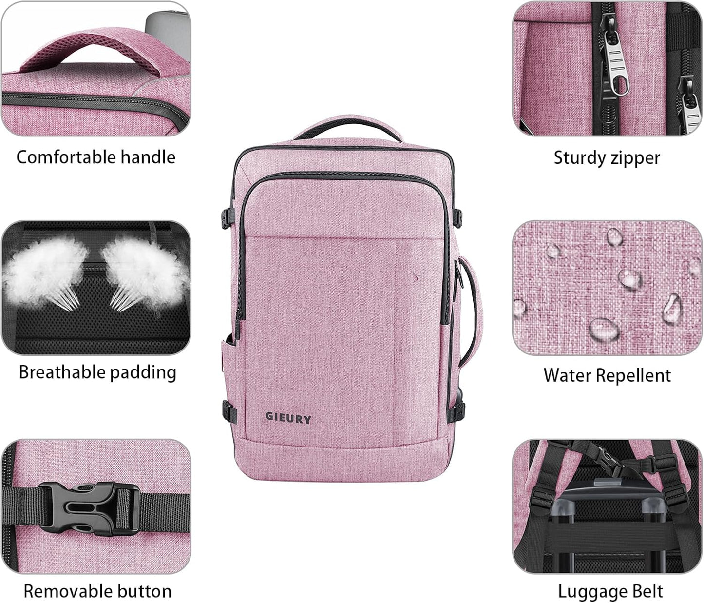 Carry On Backpack, 40-50L Travel Backpack for Men & Women, Expandable Backpack For Airplanes, 17 Inch Laptop Backpack, Luggage Suitcase 40L Daypack Lightweight Business Weekender Bag, Light Pink