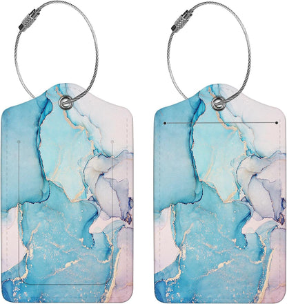 2 Pcs Luggage Tags for Suitcase, Cute Unique PU Leather Travel Bag Tag with Privacy Cover ID Label Address Card and Durable Metal Ring Suitable for Men Women Children Backpack,Blue Marble