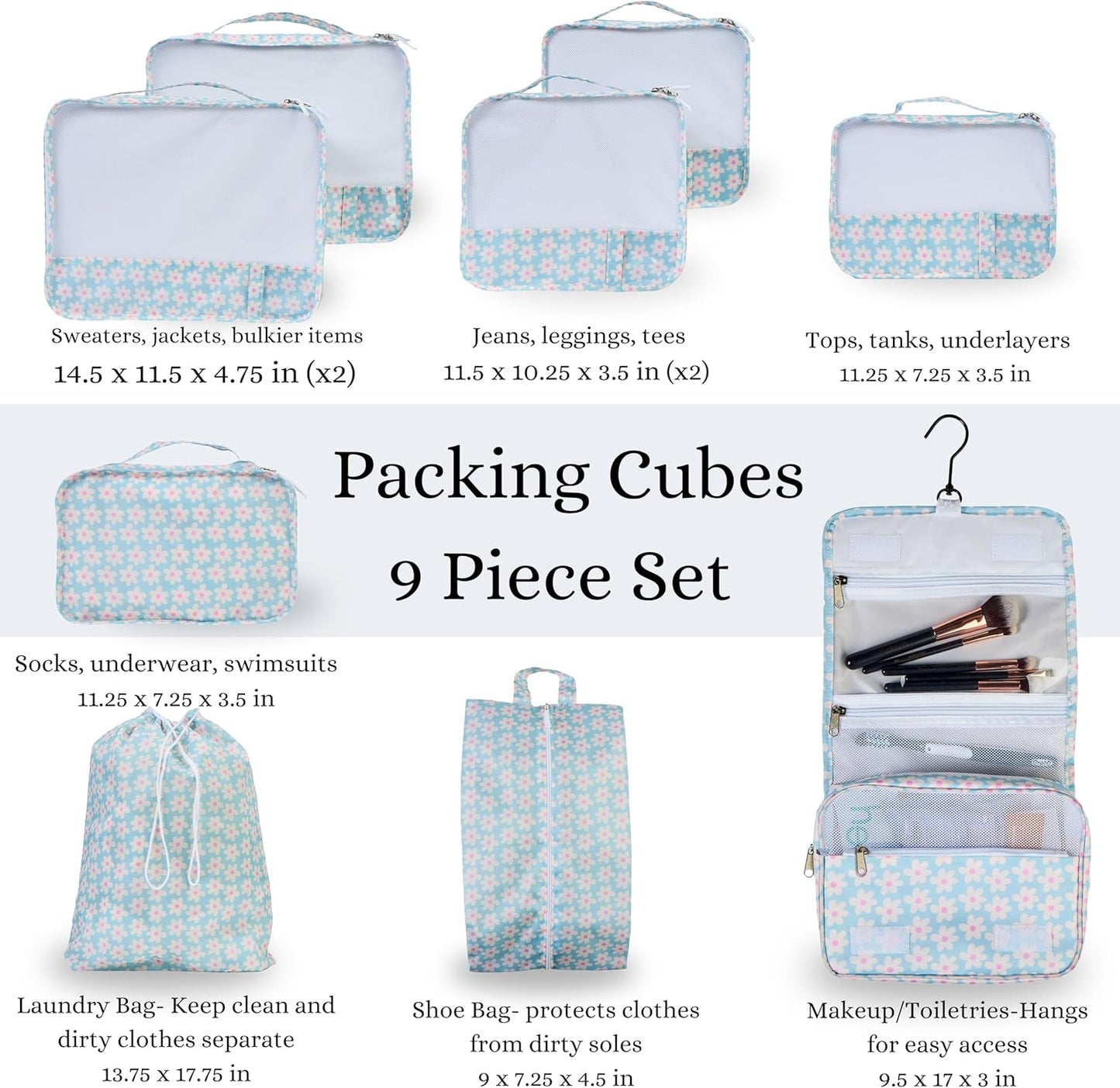 9 Set Packing Cubes - Suitcase Organizer, Cute Packing Cubes, Travel Bags Organizer for Luggage with Hanging Toiletry and Shoe Bag, Travel Essentials for Women, Men and Kids -Blue Flower