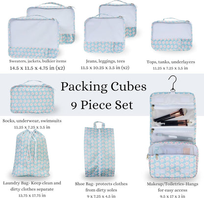 9 Set Packing Cubes - Suitcase Organizer, Cute Packing Cubes, Travel Bags Organizer for Luggage with Hanging Toiletry and Shoe Bag, Travel Essentials for Women, Men and Kids -Blue Flower