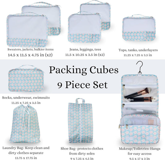 9 Set Packing Cubes - Suitcase Organizer, Cute Packing Cubes, Travel Bags Organizer for Luggage with Hanging Toiletry and Shoe Bag, Travel Essentials for Women, Men and Kids -Blue Flower