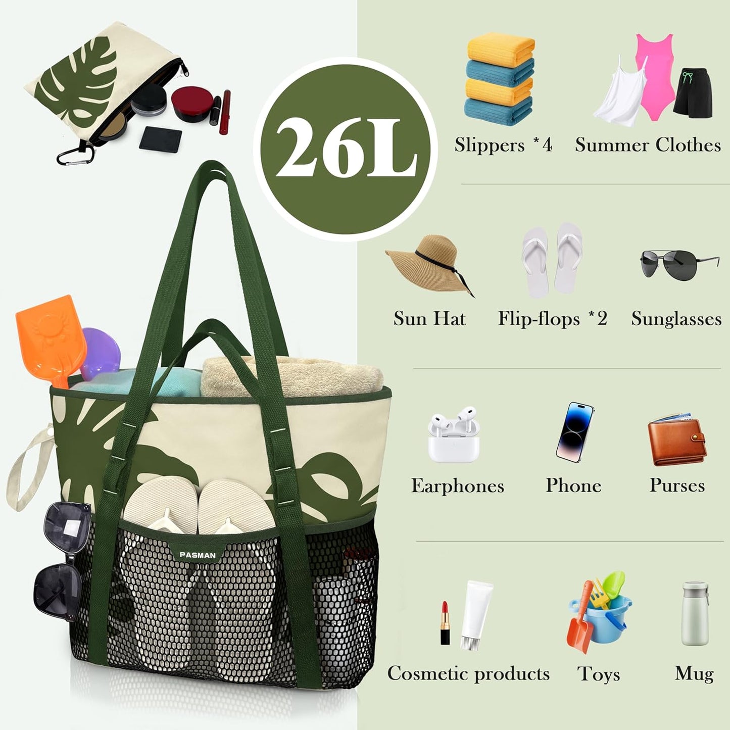 Beach Bag with Zipper - 8 Pockets Sandproof Beach Tote Bag for Women,Foldable Lightweight Family Swim Bag Vacation