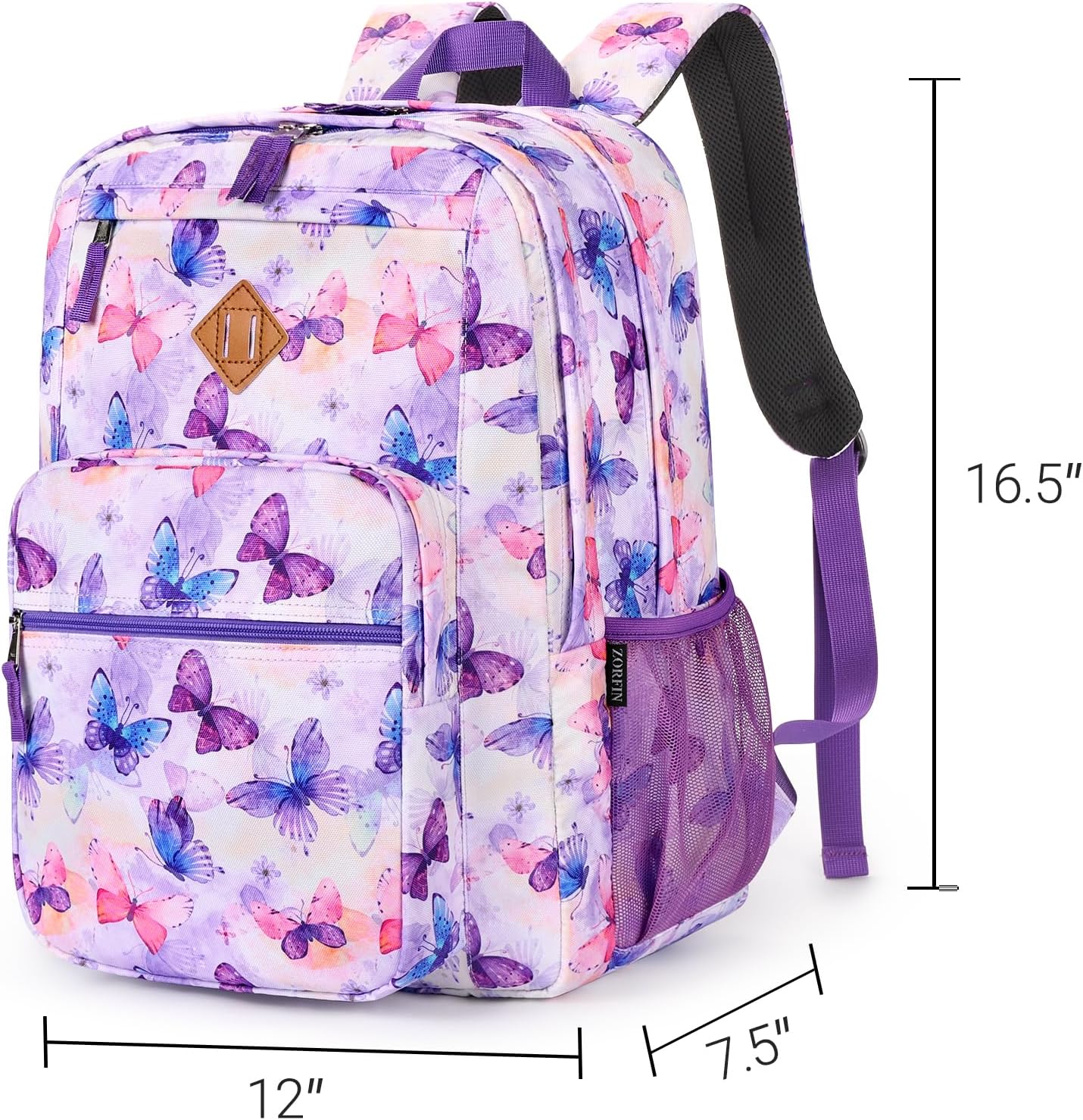 ZORFIN 26L Backpack for College, and Travel: Water Resistant Bookbag - Butterfly Purple