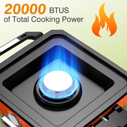 ODSD 2 Burner Camping Stove with Windshield, 20000 BTU Propane Camp Stove, Portable Folding Gas Stove, Camping Essentials Gears Includes Frying Pan, Coffee Stand & Carry Bag, Orange