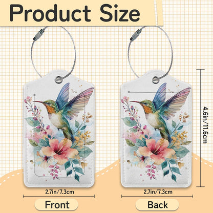 Hummingbird Flowers 3 Pack Luggage Tags for Suitcases, Cute Leather Name Tag with Privacy Cover with Stainless Steel Loops, Travel ID Bag Tags for Women Men