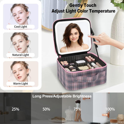 Makeup Bag With LED Mirror, Travel Makeup Case with Light up Mirror Large Cosmetic Case with 3 Color Lighted Portable Organizer Bag with Adjustable Dividers(Pink/Grey Stripes-Canvas, Small)