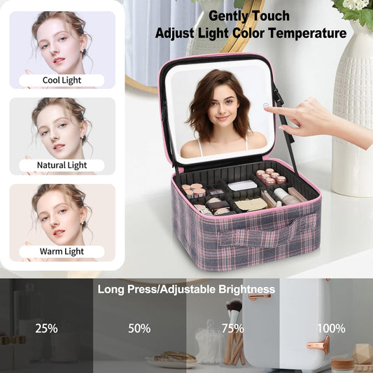 Makeup Bag With LED Mirror, Travel Makeup Case with Light up Mirror Large Cosmetic Case with 3 Color Lighted Portable Organizer Bag with Adjustable Dividers(Pink/Grey Stripes-Canvas, Small)
