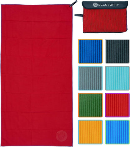 ECCOSOPHY Microfiber Beach Towel – Quick Dry Gym Towel, Highly Absorbent with Ribbed Texture, Lightweight – Ideal for Travel, Pool, Yoga, Fitness & Outdoor Adventures – 40x20 Cherry