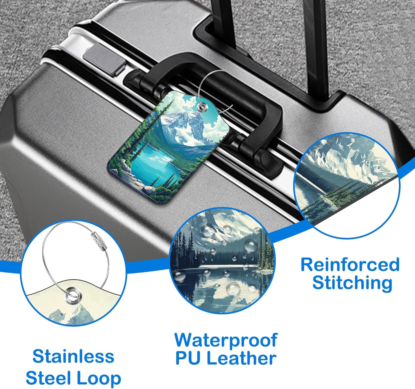 Snow Mountain Lake Forest Luggage Tags for Suitcases Leather Travel Tags for Luggage ID Label with Privacy Cover and Stainless Steel Loop for Men Women Suitcase Backpack, Set of 2